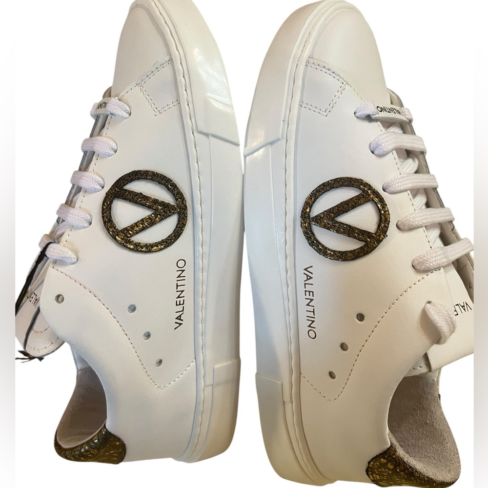 Valentino White Leather Sneakers with Metallic Gold Heel